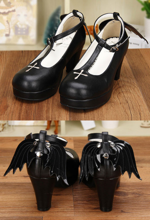 Gothic Lolita Wings Shoes Princess Style Black Round Toe Shoes