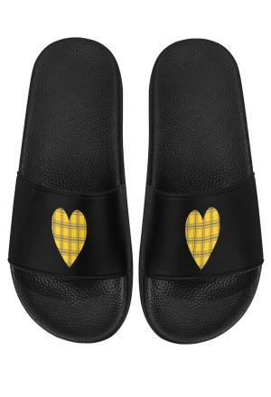 Girl Cute Plaid Heart Prints Beach Slides Black and Yellow Non-Slip Casual Sandals for Summer