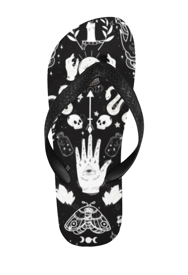 Gothic Girl Witch Element Print Flip Flops Black White Non-Slip Slipper for Beach and Bathing