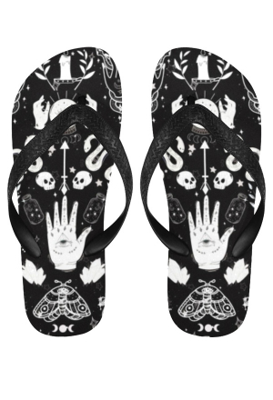 Gothic Girl Witch Element Print Flip Flops Black White Non-Slip Slipper for Beach and Bathing