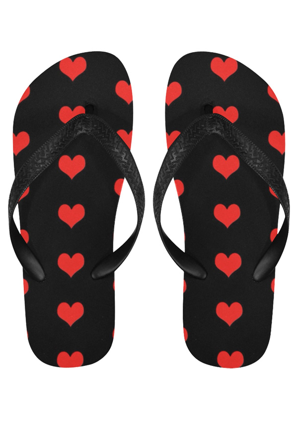 Dark Cute Girl Heart Print Flip Flops Black Red Non-Slip Slipper for Beach and Bathing