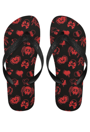 Gothic Girl Spider Heart Skull Print Flip Flops Black Red Non-Slip Slipper for Beach and Bathing