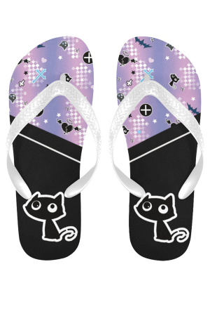 Gothic Black Pastel Cat Print Flip Flops for Beach and Bathing