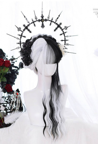 Gothic Gradient Black And White Curly Wig