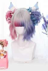 Pink and Purple Mixed Color Lolita Gradient Wig Girl Short Curly Cosplay Wig for Halloween