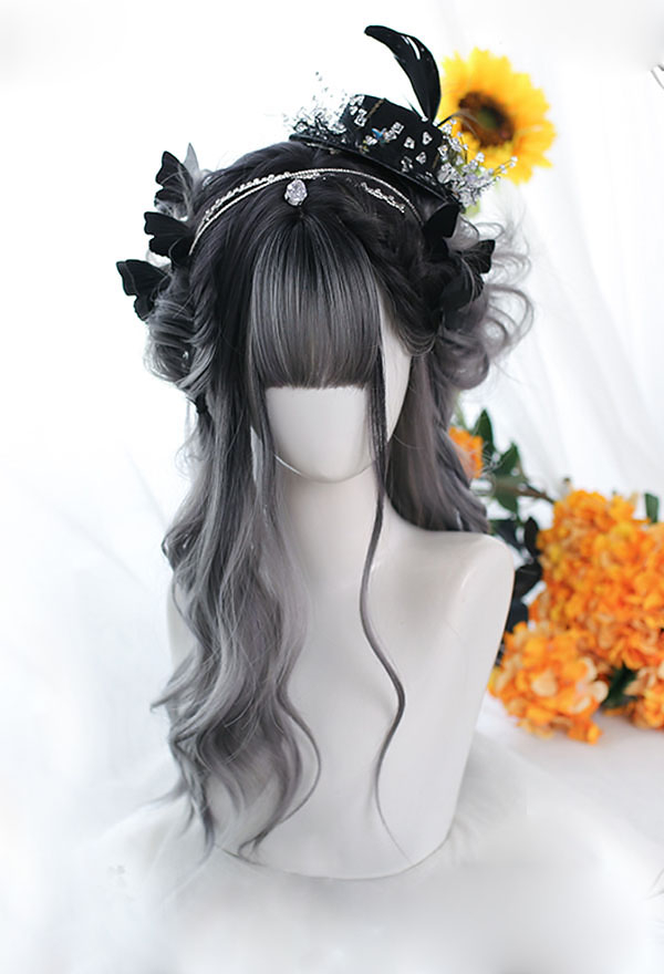 Black and Gray Mixed Color Gothic Gradient Wig Dark Girl Long Wavy Curly Cosplay Wig for Halloween