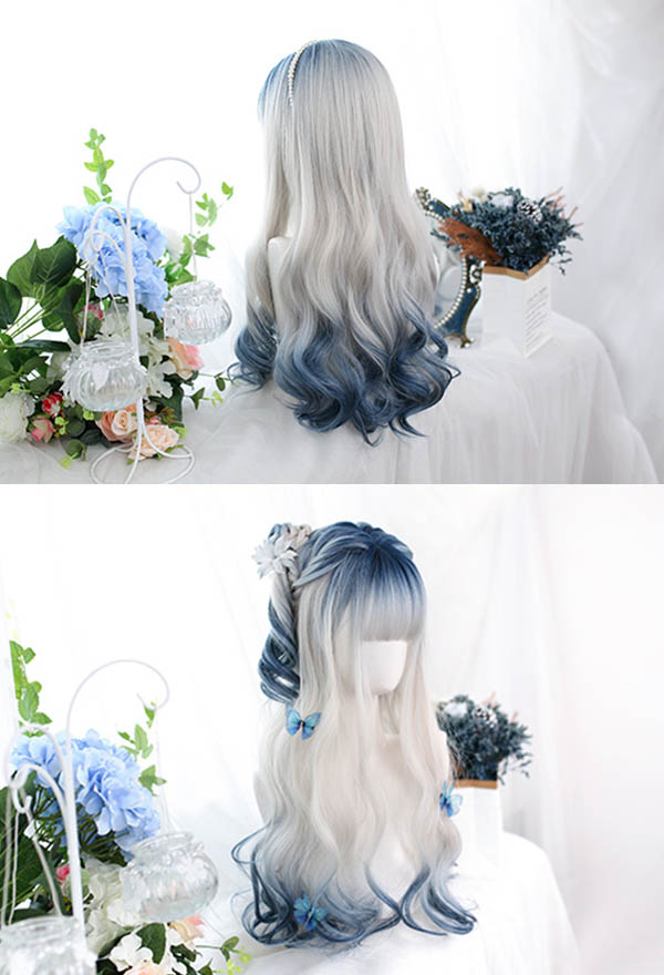 White and Blue Highlight Mixed Color Lolita Gradient Wig Girl Long Wavy Curly Cosplay Wig for Halloween