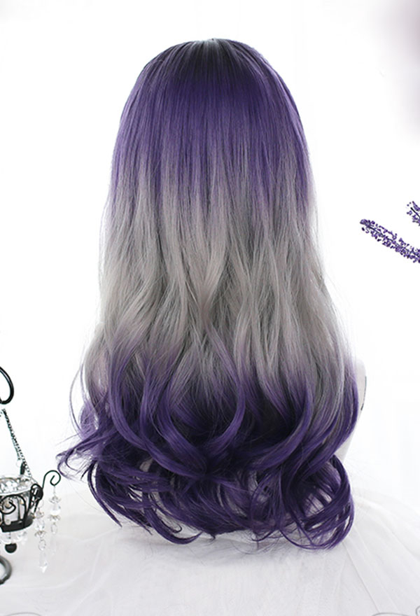 Purple and Silver Mixed Color Gothic Gradient Wig Dark Girl Long Wavy Curly Cosplay Wig for Halloween