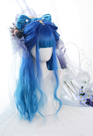 Cobalt Blue Long Wig Gothic Blue Hair Wavy Wig With Bangs