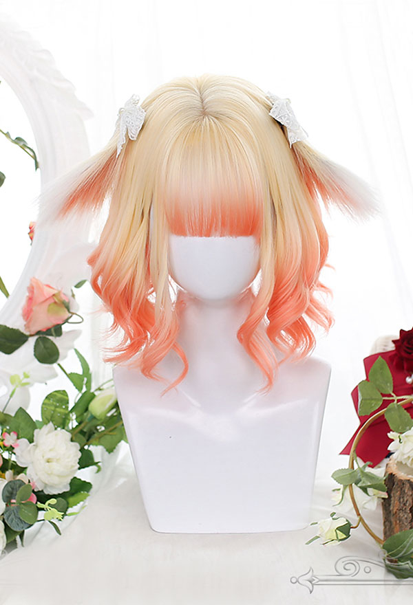 Blond To Orange Gradient Short Wig Pastel Goth Curly Wig With Rabbit Ear