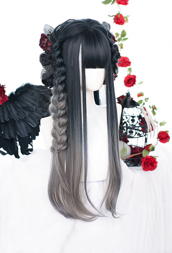 Black To Grey Gradient Wig With Bangs Gothic Mixed Dark Color Long Straight Wig