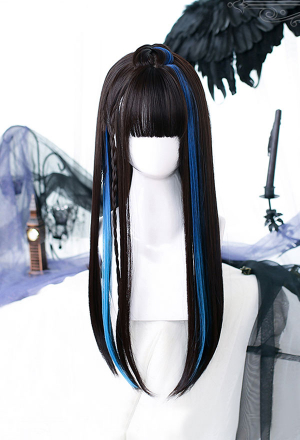 Black Mixed With Blue Stripe Wig With Bangs Gothic Mixed Color Long Wig