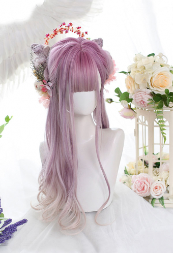Light Purple To White Gradient Long Wig Pastel Goth Wavy Wig With Bangs