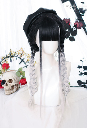 Witchy Black To Silver Long Wig With Bangs Gothic Black And Silver Mixed Wig