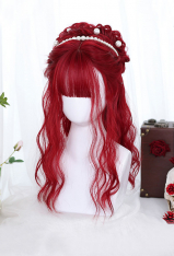 Cherry Red Long Wig With Bangs Gothic Red Hair Wavy Wig