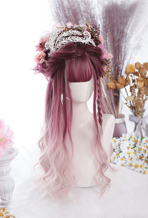 Plum To Pink Gradient Wavy Wig With Bangs Pastel Goth Mixed Pink Color Long Wig