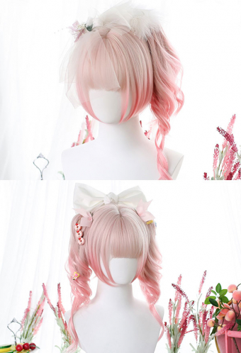 Blush To Pink Gradient Curly Wig With Bangs Pastel Goth Removable Double Ponytails Wig