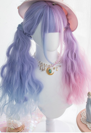 Pink Purple Color Lolita Gradient Wig Mermaid Girl Long Curly Cosplay Wig with Bangs