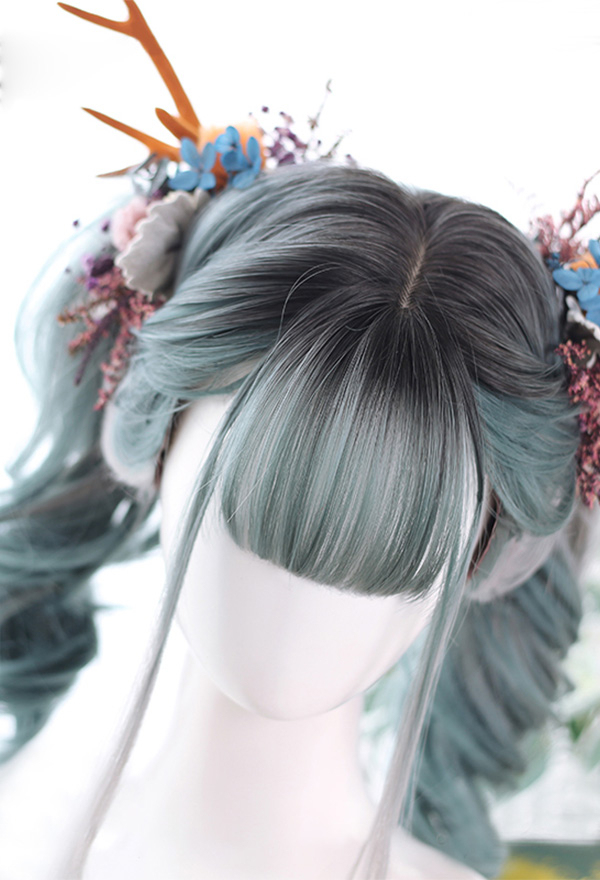 Lolita Forest Elf Green Grey Gradient Long Wavy Wig With Bangs for Halloween