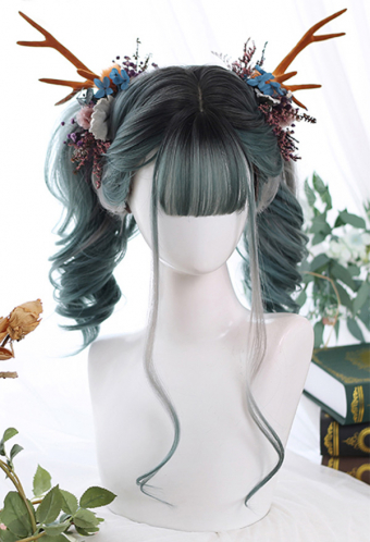 Lolita Forest Elf Green Grey Gradient Long Wavy Wig With Bangs for Halloween