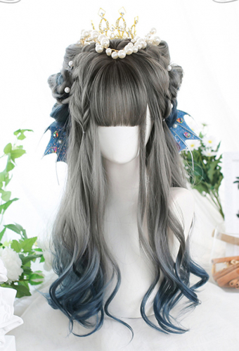 Gray and Dark Blue Gradient Gothic Witch Long Curly Wig for Halloween