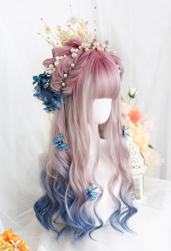 Pink and Light Blue Lolita Gradient Long Curly Wig for Halloween