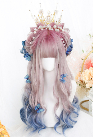 Pink and Light Blue Lolita Gradient Long Curly Wig for Halloween
