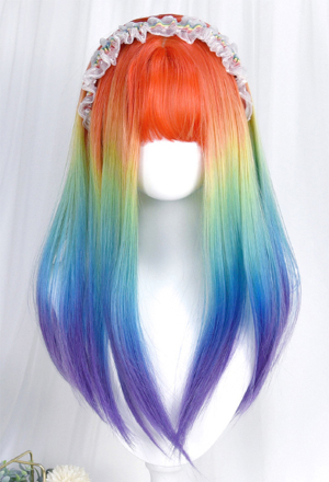 Women Pride Rainbow Color Long Straight Gradient Cosplay Wig with Bangs