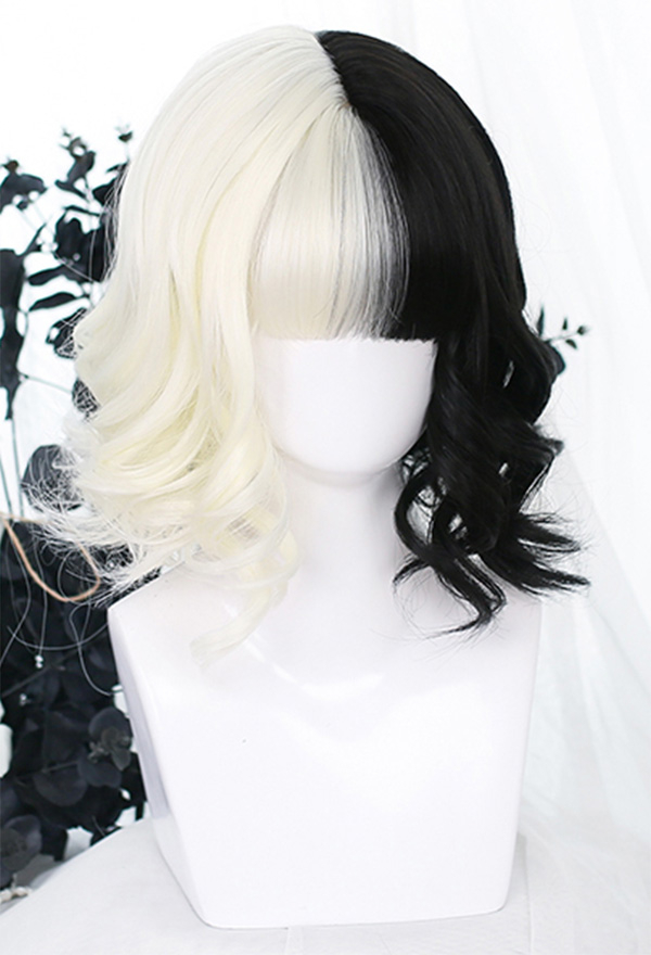 Half Black White Color Wig Witch Short Wavy Curly Wig for Halloween