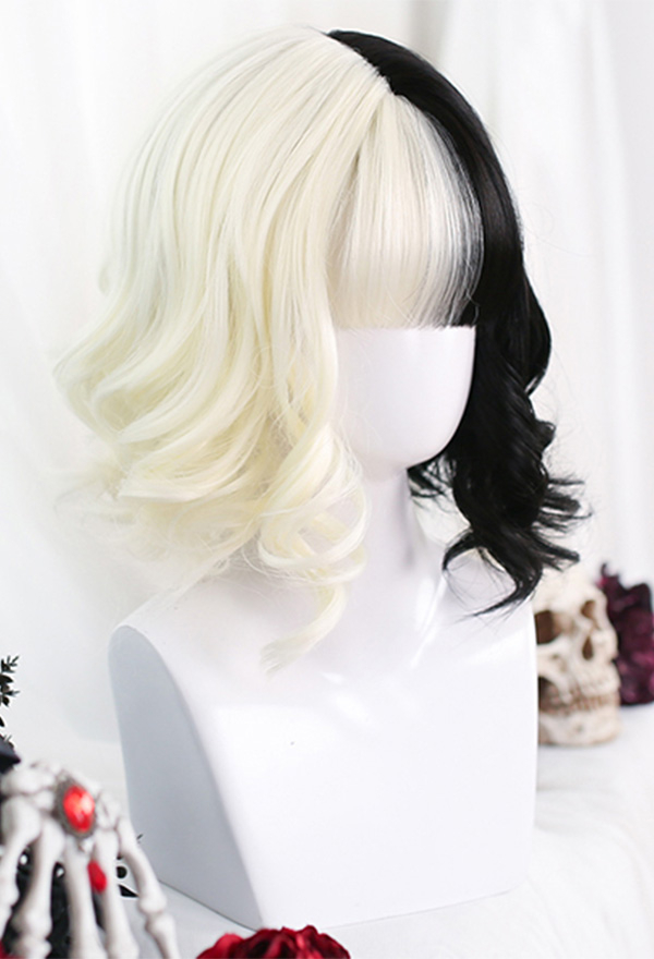 Half Black White Color Wig Witch Short Wavy Curly Wig for Halloween