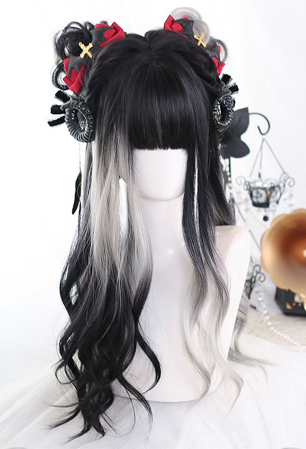 Gothic Black and Silver Gradient Long Wavy Wig with Bangs for Halloween