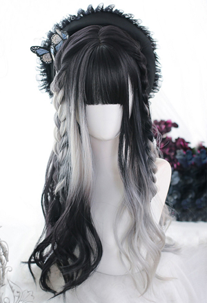 Gothic Black and Silver Gradient Long Wavy Wig with Bangs for Halloween