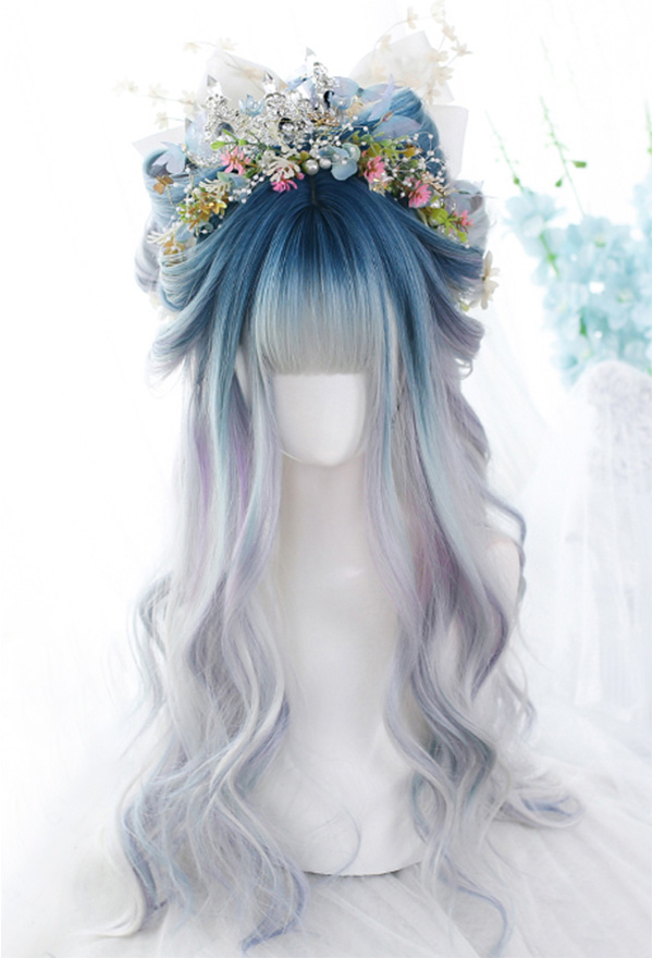 Lolita Mermaid Blue Green and Silver Gradient Color Long Wavy Straight Wig