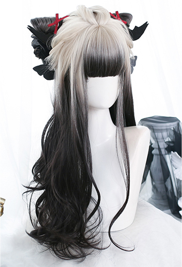 White Black Mixed Color Wig Devil Long Wavy Curly Wig for Halloween