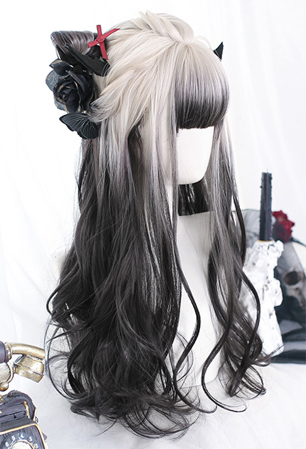 White Black Mixed Color Wig Devil Long Wavy Curly Wig for Halloween