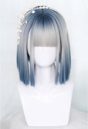 Blue Silver Lolita Gradient Wig Elf Short Straight Wig for Halloween