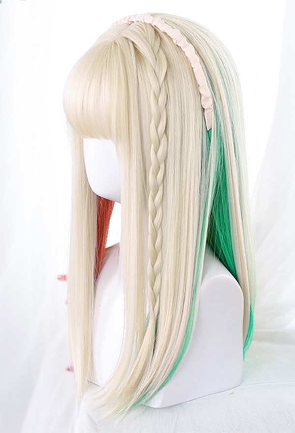 Lolita Golden and Rainbow Color Long Straight Wig with Bangs for Halloween