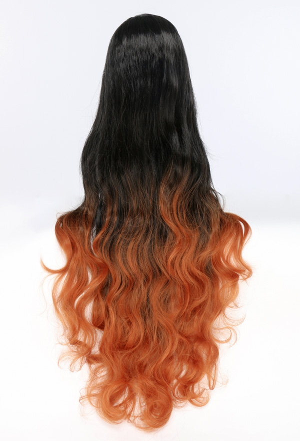 Women Black Orange Mixed Color Long Curly Wig