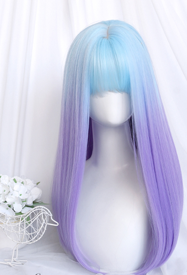 Blue and Purple Mixed Color Lolita Gradient Wig Cyber Girl Long Straight Cosplay Wig with Bangs