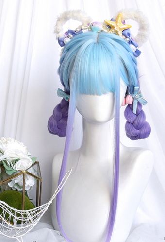 Blue and Purple Mixed Color Lolita Gradient Wig Cyber Girl Long Straight Cosplay Wig with Bangs