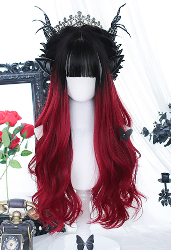 Gothic Women Lolita Black and Red Gradient Curly Cosplay Wig Heat Resistant Fiber Neat Bang and Long Wavy Hair
