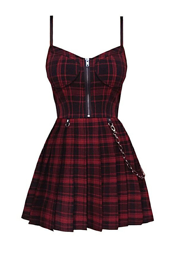 Women's Gothic Plaid Punk Dress E-girl Style Red Polyester Chain Decorated Pleated Sleeveless Mini Dress