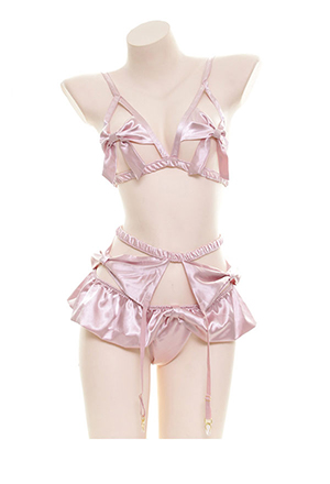 Kawaii Bikini Set Japanese Style Pink Cute Imitated Silk Fabric Lingerie