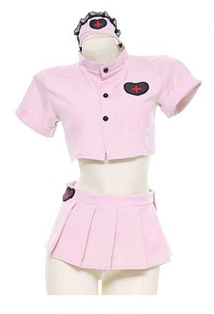 Kawaii Seductive Two-Piece Uniform Set Nurse Style Pink Polyester Cross Embroidery Lingerie Set with Headdress