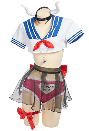 CREAM BLUSH Gothic Devil Sexy Sailor Suit Bowknot Decorated Top and Sheer Skirt Two-piece Lingerie Set