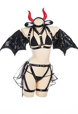 SATAN'S KISS Devil Cow Temptation Lingerie Black PU Leather Bat Wings Decorated Bikini Top and Thong