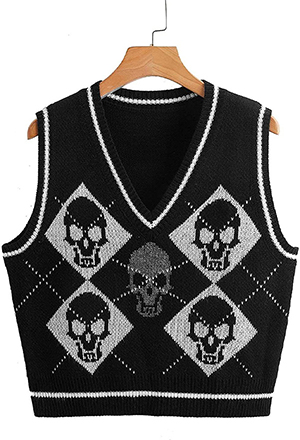 Women Gothic Halloween Outfit Skull Pattern Vest Dark Style Polyester V Neck Sleeveless Knitting Vest for Autumn