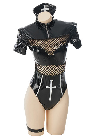 FALLEN ANGEL Gothic Temptation Nurse Uniform Sexy Style Black Mesh Cross Pattern Bodysuit with Gloves and Hat