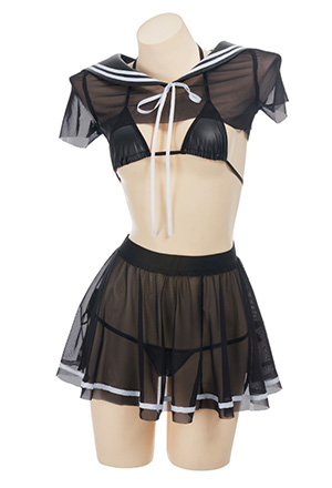 Passion Release Gothic Sexy Sailor Uniform Black Sheer Mesh Sailor Collar Top and Thong Lingerie Set with Skirt 