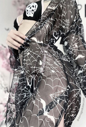 Bite U Gothic Black Bat Spiderweb Print Long Sleeves Sheer Chiffon Kimono Coverup